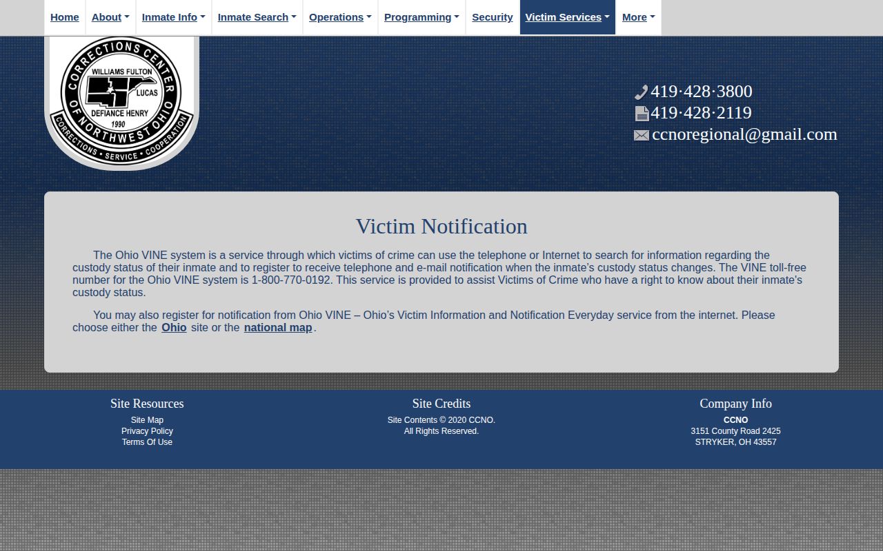 Corrections Center of Northwest Ohio release notification and VINE information